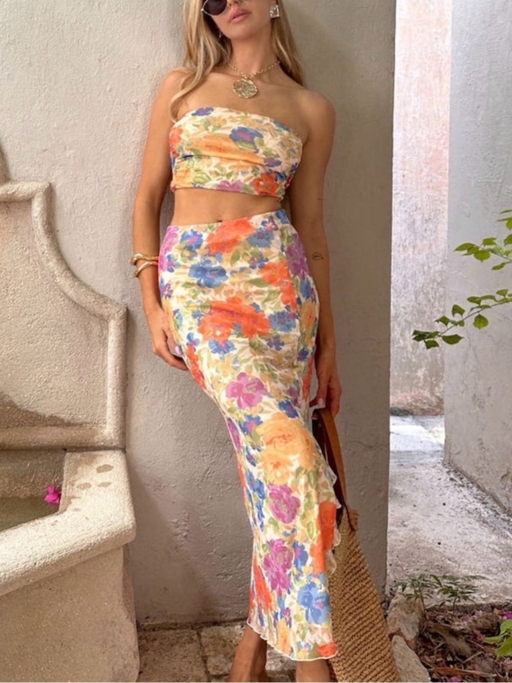 12th Tribe Floral Midi Skirt in Orange, Blue & Pink - Picture 1 of 3